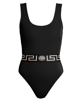 Versace Black One-Piece Swimsuit with Gold Greek Key Belt